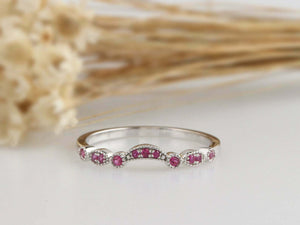 0.7ct Round Cut Pink Ruby Wedding Band Curved Half Eternity 14k WhiteGold Finish