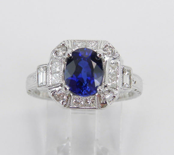 2.2ct Oval Blue Sapphire Art Deco Vintage Engagement Ring 14k White Gold Finish