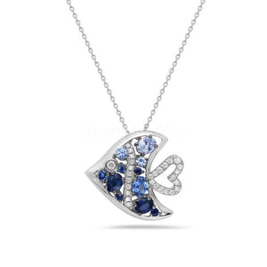 2ct Oval Simulated Blue Sapphire Angel Fish Heart Pendant 14k White Gold Plated