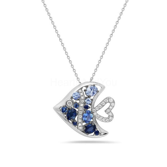 2ct Oval Simulated Blue Sapphire Angel Fish Heart Pendant 14k White Gold Plated