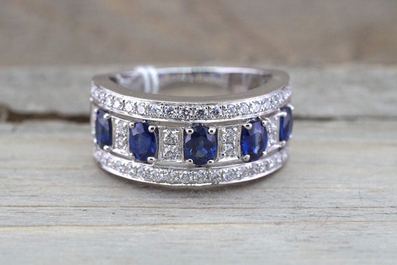 2ct Oval Cut Blue Sapphire Half Eternity Wedding Band Ring 14k White Gold Finish