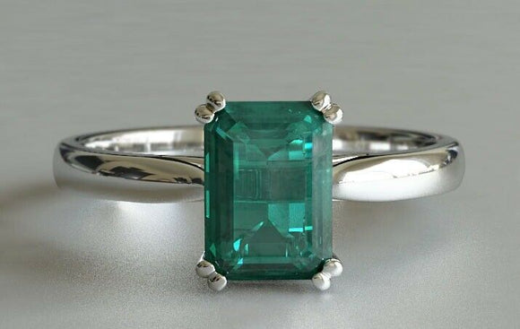 1.5ct Green Emerald Cut Engagement Ring Solitaire Promise 14k White Gold Finish