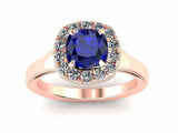 1.5ct Cushion Cut Blue Sapphire Diamond Halo Milgrain Ring 14k Rose Gold Finish