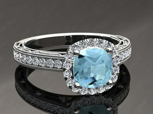 2ct Cushion Cut Blue Aquamarine Engagement Ring Halo Milgrain 14k WhiteGold Over