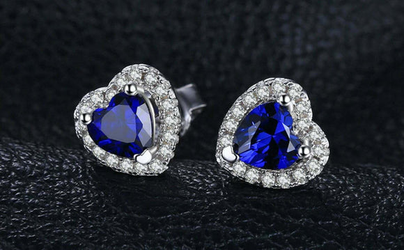 2.2ct Stud Earrings Heart Cut Blue Sapphire Diamond Halo 14k White Gold Finish