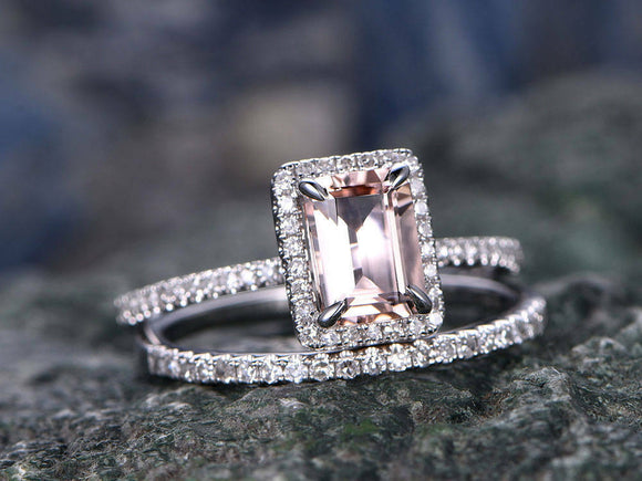 2.2Ct Emerald Cut Peach Morganite Bridal Set Engagement Ring 18K White Gold Over