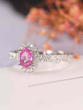 2ct Oval Cut Pink Sapphire Halo Solitaire Engagement Ring 14k White Gold Finish