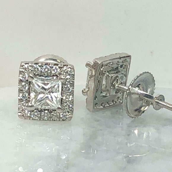 1.5ct Princess Cut VVS1D Diamond Halo Stud Earrings 14k White Gold Finish