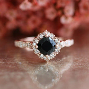 1.7ct Cushion Cut Black Diamond Engagement Ring Vintage Halo 14k RoseGold Finish