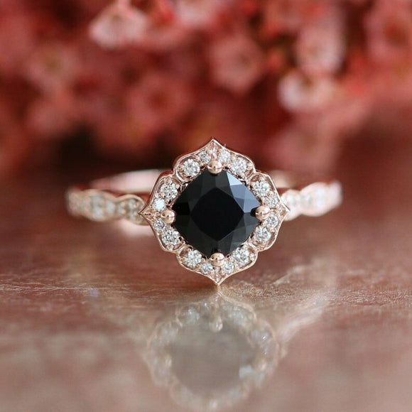 1.7ct Cushion Cut Black Diamond Engagement Ring Vintage Halo 14k RoseGold Finish