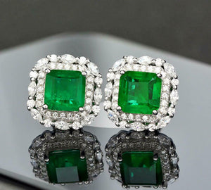 2.7ct Stud Earrings Asscher Cut Emerald Dual Stylish Halo 14k White Gold Finish