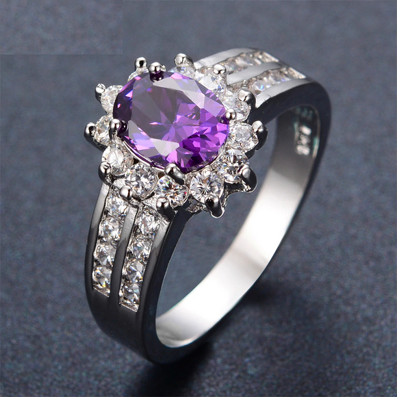 3ct Oval Cut Purple Amethyst Engagement Ring 14k White Gold Finish Floral Design