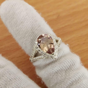 2ct Engagement Ring Pear Cut Peach Morganite Split Shank Halo 14k WhiteGold Over