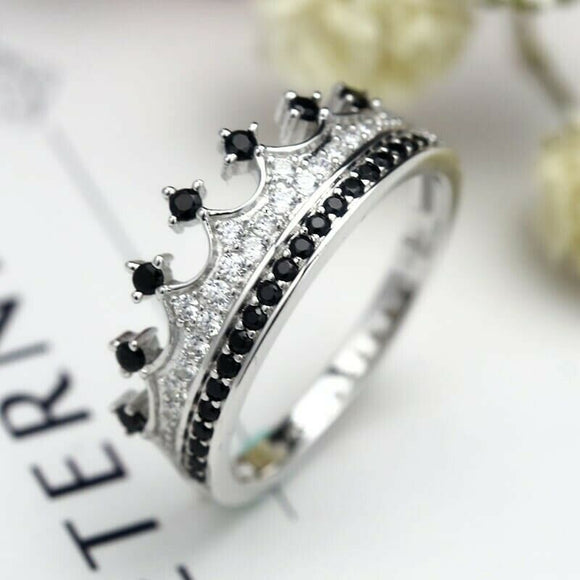 2Ct Round Black Diamond Princess Queen Crown Engagement Ring 14K White Gold Over