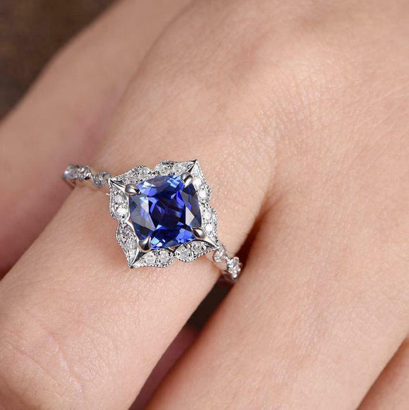 1ct Cushion Blue Sapphire Engagement Ring Solitaire Floral 14k White Gold Finish