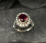 2.4ct Oval Cut Pink Ruby Vintage Inspired Halo Ring 14k White Gold Finish