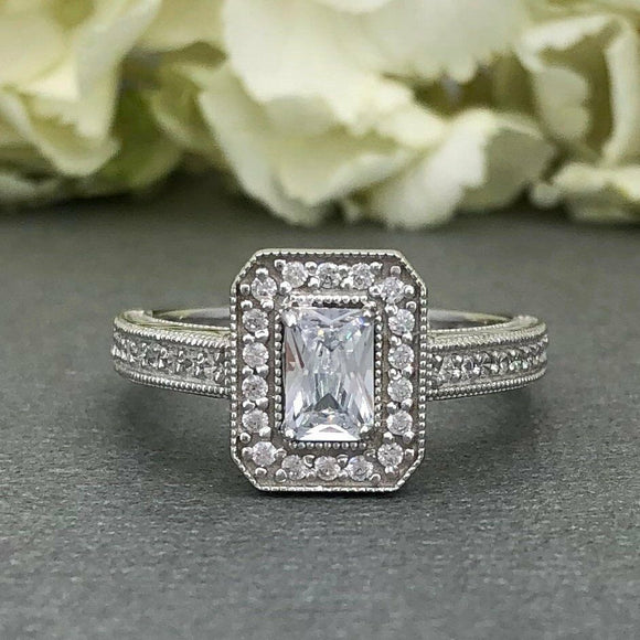 Halo Antique Vintage Engagement Ring 2ct Radiant Cut Diamond 14k White Gold Over