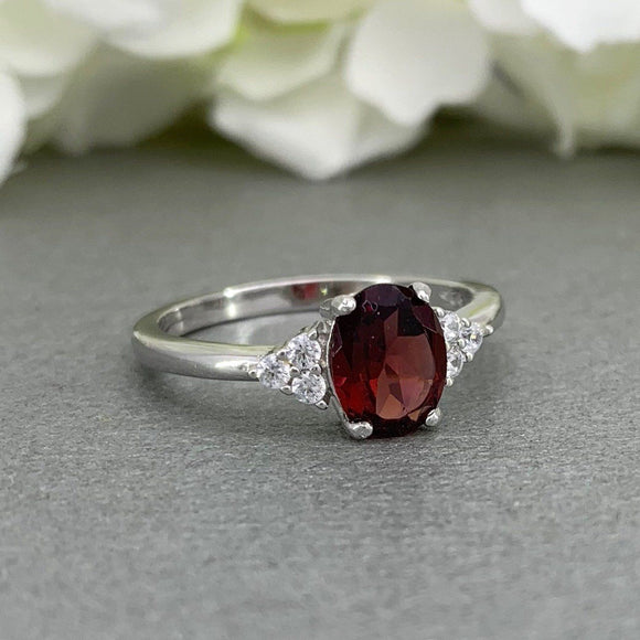 1.2ct Oval Cut Red Garnet Accent Solitaire Engagement Ring 14k White Gold Finish