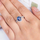 2.5ct Oval Cut Blue Sapphire Engagement Ring Halo Bridal Set 18k White Gold Over