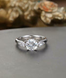 Pear Accents Trilogy Engagement Ring 1.5ct Round Cut Diamond 14k White Gold Over