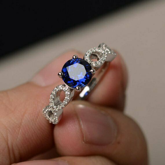 1.3ct Round Cut Blue Sapphire Engagement Ring 14k WhiteGold Finish Stylish Women