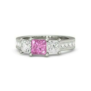 5Ct Princess Cut Pink Sapphire Diamond Accent Solitaire Ring 14K White Gold Over