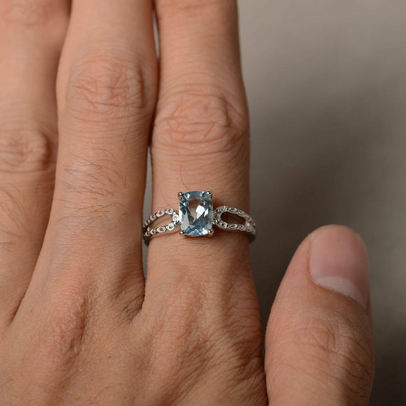 0.6ct Cushion Cut Blue Aquamarine Engagement Ring 14k WhiteGold Finish Solitaire