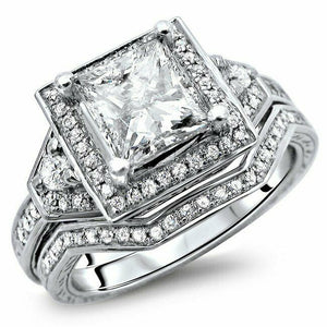 5Ct Princess Cut VVS1/D Diamond Vintage Bridal Set Ring Band 14K White Gold Over