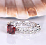 2ct Cushion Cut Red Garnet Bridal Set Women Engagement Ring 14k WhiteGold Finish