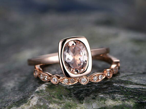 1.4ct Oval Cut Peach Morganite Engagement Ring 14k Rose Gold Finish Bridal Set