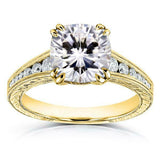 3Ct Cushion Cut Diamond Vintage Solitaire Ring 14K Yellow Gold Over Round Accent