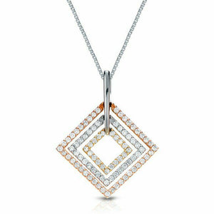 3Ct Round Cut Diamond Square Halo Tricolor Pendant 14K Gold Finish NO CHAIN