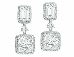 4Ct Princess Emerald Cut Diamond Elegant Halo Drop Earring 14K White Gold Finish