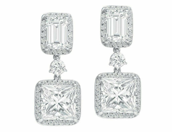 4Ct Princess Emerald Cut Diamond Elegant Halo Drop Earring 14K White Gold Finish