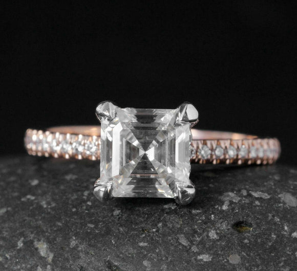 Solitaire with Round Accents Ring 1.6ct Asscher Cut Diamond 14k Two Tone Finish