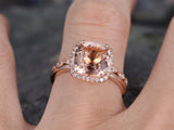 2.2Ct Cushion Cut Peach Morganite Bridal Set Engagement Ring 14K Rose Gold Over