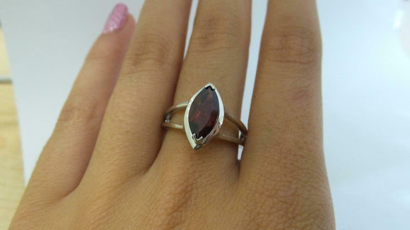 1.5ct Engagement Ring Marquise Cut Red Garnet Split Shank 14k White Gold Finish