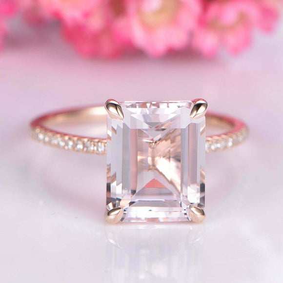 2.1ct Emerald Cut Morganite Engagement Ring Diamond Accents 14k Rose Gold Finish