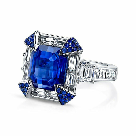 5Ct Asscher Cut Blue Sapphire Diamond Gatsby Art Deco Ring 14K White Gold Finish