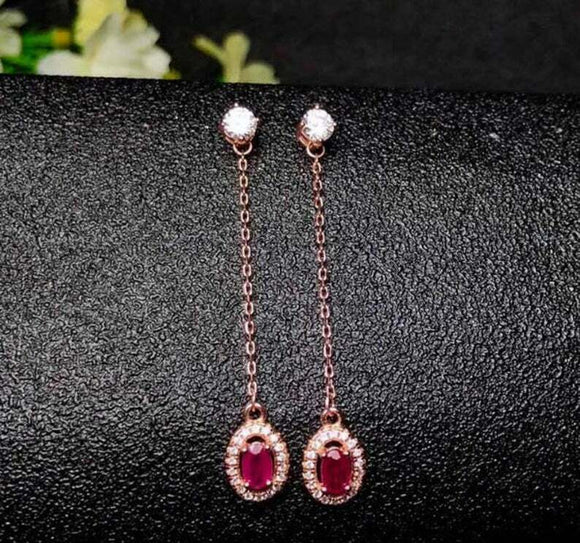 1.6ct Drop Earrings Oval Cut Pink Ruby Dangling Halo 14k Rose Gold Finish