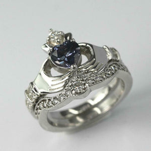 2ct Heart Blue Tanzanite Engagement Ring Claddagh Bridal Set 14k White Gold Over