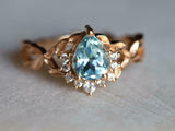 2ct Engagement Ring Pear Cut Blue Aquamarine Leaves Accent 14k YellowGold Finish