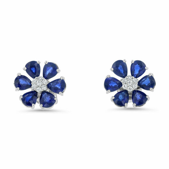 3.5ct Stud Earrings Pear Cut Blue Sapphire Floral Cluster 14k White Gold Finish