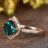 1ct Cushion Cut Green Emerald Engagement Ring Solitaire Floral 14k RoseGold Over