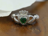 1ct Heart Cut Green Emerald Engagement Ring Claddagh Irish 14k White Gold Over