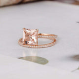 2ct Princess Cut Peach Morganite Engagement Ring Bridal Set 14k Rose Gold Finish