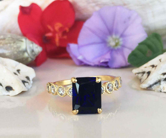 2.1ct Emerald Cut Blue Sapphire Round Diamond Accent Ring 14k Yellow Gold Finish