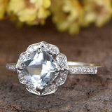 1ct Cushion Cut Aquamarine Engagement Ring Solitaire Floral 14k White Gold Over