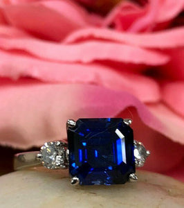 1.5ct Asscher Cut Blue Sapphire Three Stone Engagement Ring 14k WhiteGold Finish