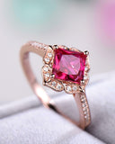 3Ct Cushion Cut Pink Ruby Diamond Vintage Engagement Ring 14K Rose Gold Finish